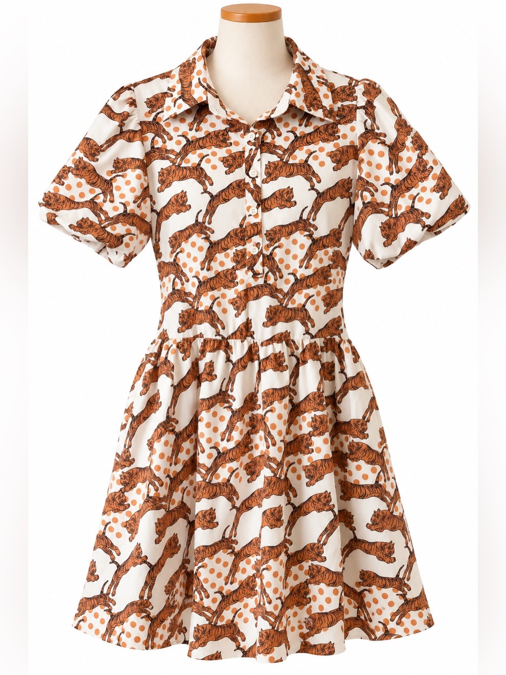 Tiger Print 3/4 Button Up Shirt Dress Mustard and White Game Day Tailgate Size S